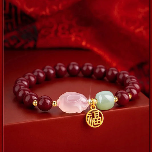 Double-Layer Southern Red Hotan Jade Bracelet with Rabbit Charm