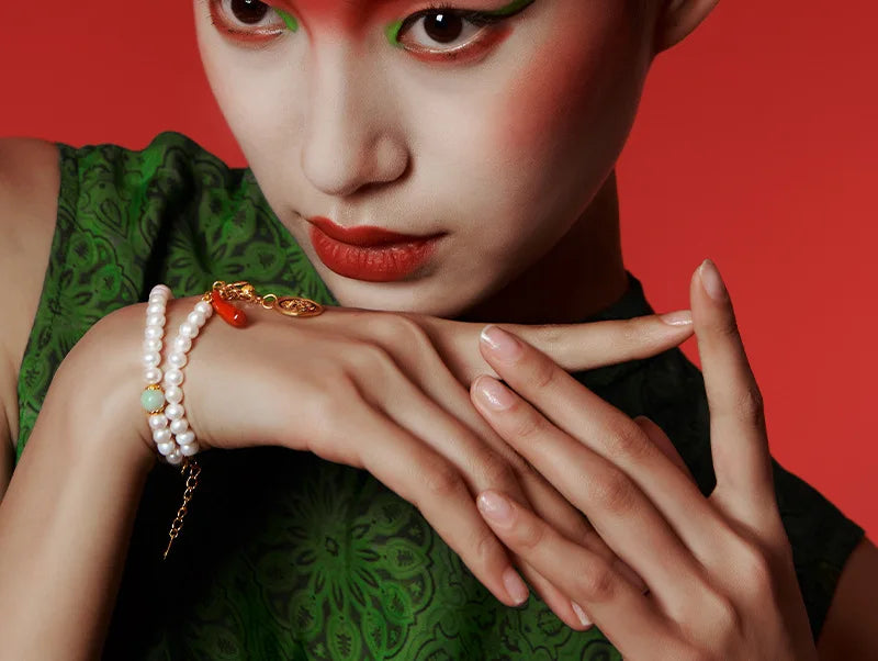 925 Sterling Silver Double Freshwater Pearl Chain Bracelet for Wedding