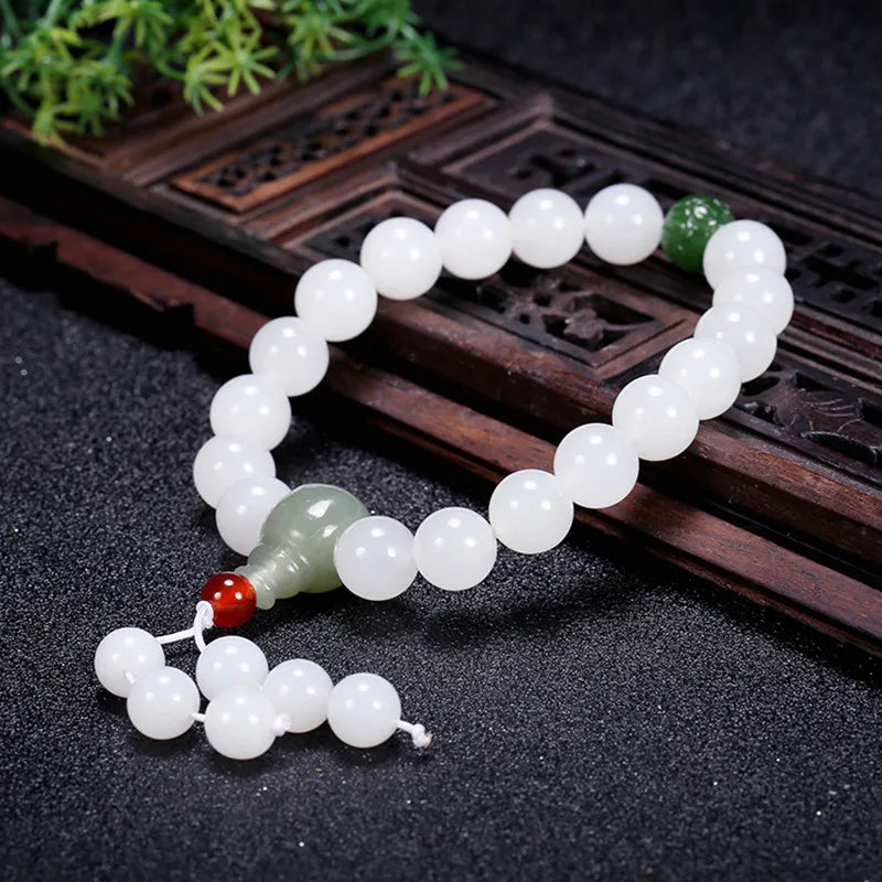 Hetian White Jade Flower Pendant Bracelet｜10mm Natural Bead Set