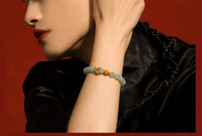 Natural Myanmar & Hotan Yellow Jade Bead Bracelet｜Plum Blossom Charm for Protection