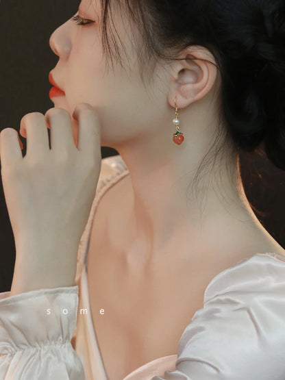 Red Agate Peach Jade Hook Earrings - Vintage Pearl Gift