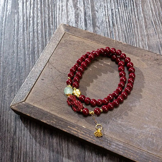 Double Circle Cinnabar-Style Bracelet with Pixiu & Gourd Pendant