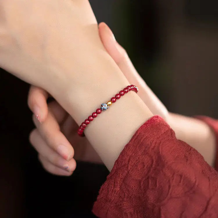 Natural Cinnabar & Blue Lotus Cloisonné Bracelet