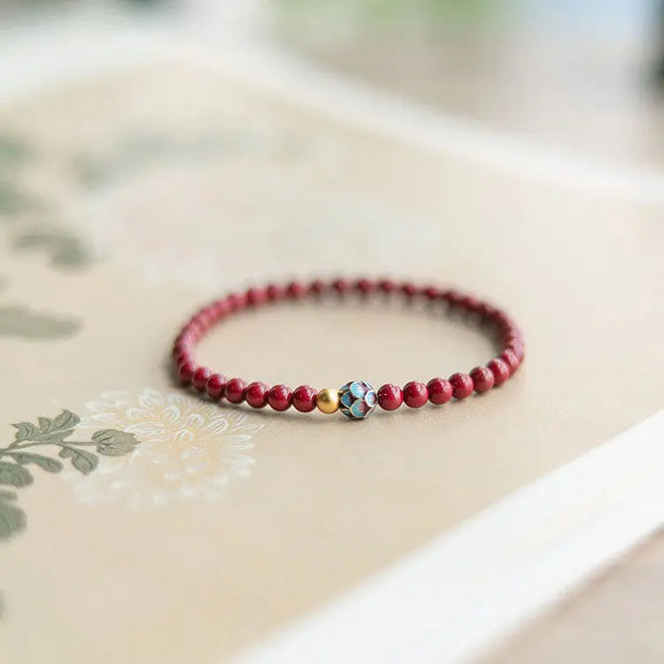 Natural Cinnabar & Blue Lotus Cloisonné Bracelet