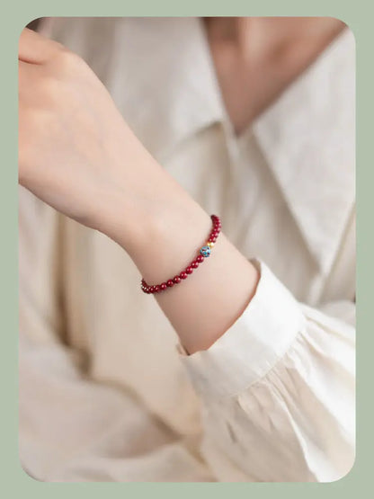 Natural Cinnabar & Blue Lotus Cloisonné Bracelet