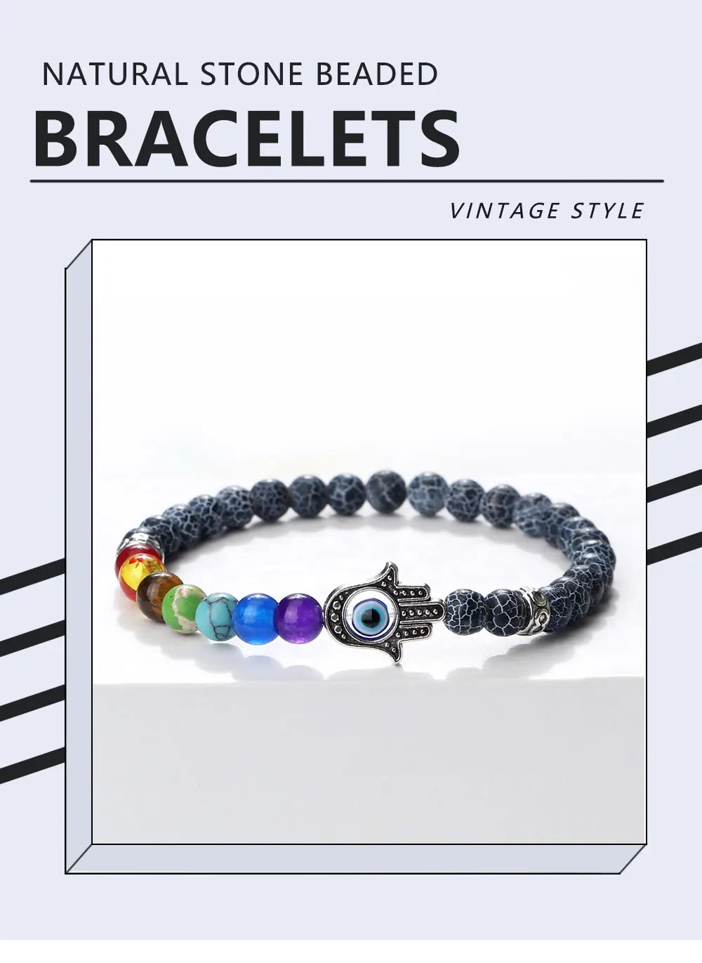 6mm天然石七脉轮弹力手链｜掌形邪眼护符 男女通用