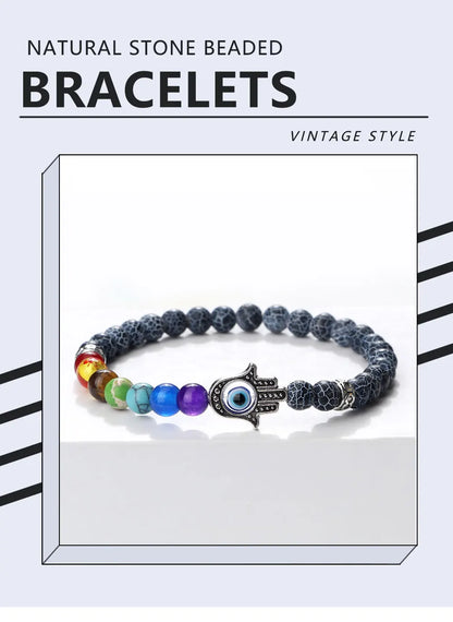 6mm天然石七脉轮弹力手链｜掌形邪眼护符 男女通用