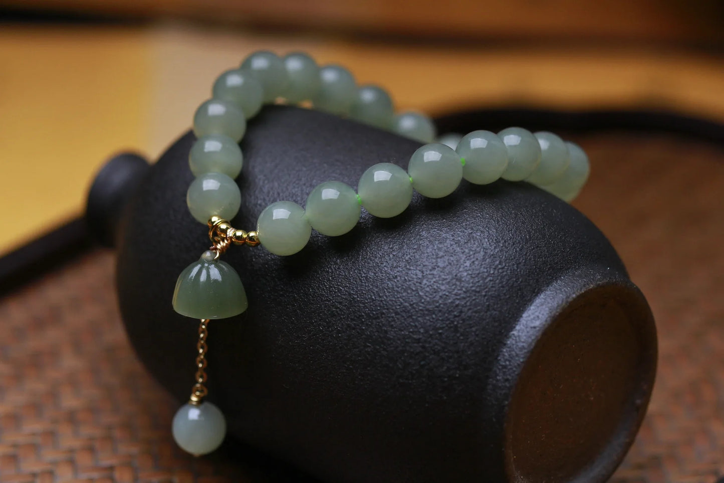 Hetian Jade Lotus Pendant 8mm Round Bead Bracelet — Elegant Charm for Women