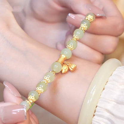 Golden Lotus Hetian Jade Beaded Bracelet — Green Serenity Charm