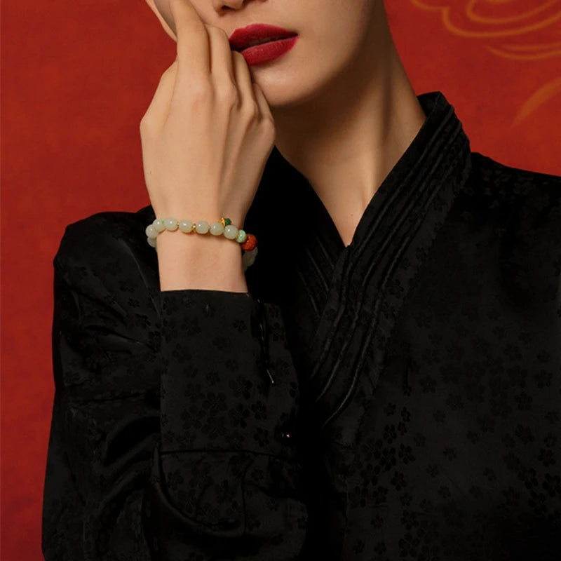 White Jade & Green Jasper Amber Beaded Bracelet - Vintage Charm