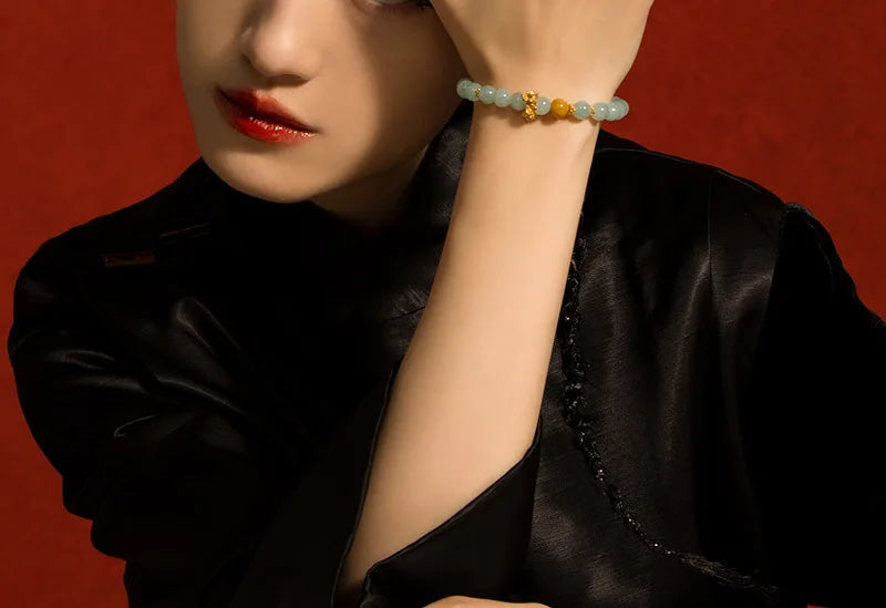 Natural Myanmar & Hotan Yellow Jade Bead Bracelet｜Plum Blossom Charm for Protection
