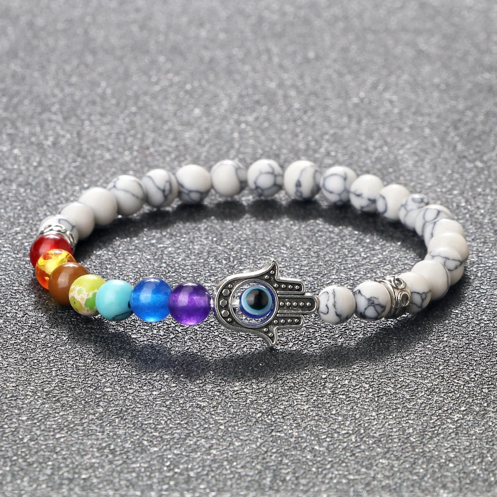 6mm天然石七脉轮弹力手链｜掌形邪眼护符 男女通用