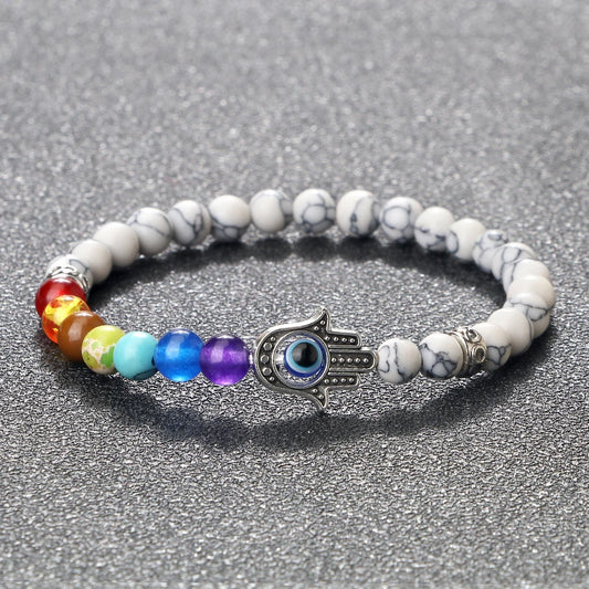 6mm天然石七脉轮弹力手链｜掌形邪眼护符 男女通用
