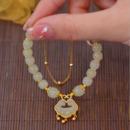 Vintage Luxe Imitation Hetian Jade Moon Beaded Bracelet