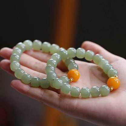 Natural Hetian Jade Green Bead Bracelet — Handmade Lucky Strand
