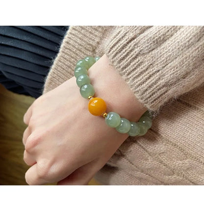 Natural Hetian Jade Green Bead Bracelet — Handmade Lucky Strand