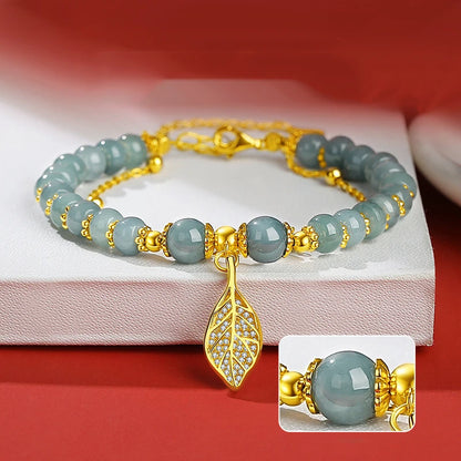 Natural Rice-Bead Jade Bracelet with A-Grade Jadeite Clamp
