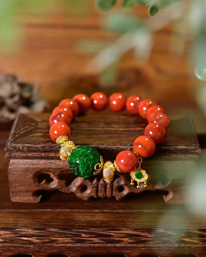 天然四川南红玛瑙与A货翡翠回纹转运手链·925银招财护身饰