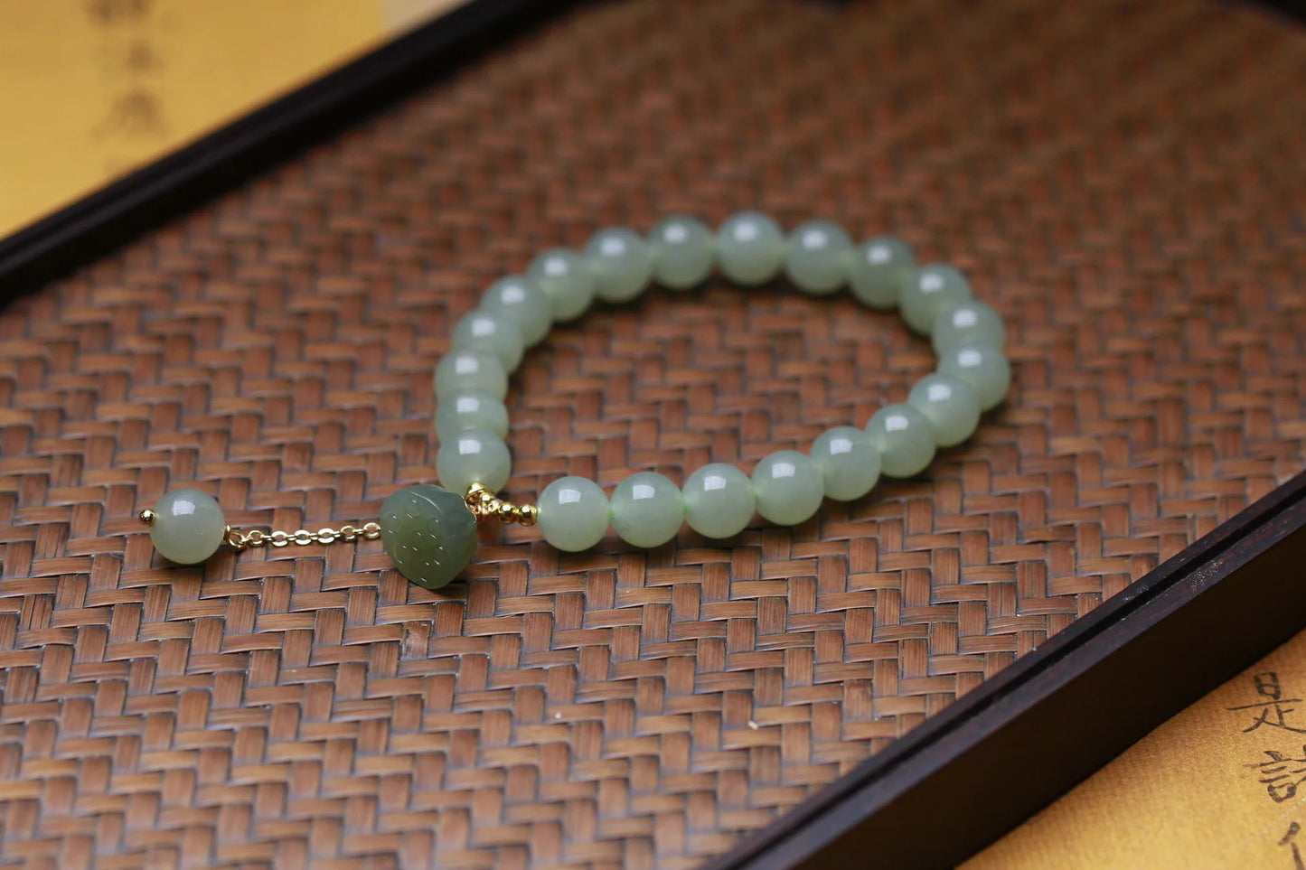 Hetian Jade Lotus Pendant 8mm Round Bead Bracelet — Elegant Charm for Women