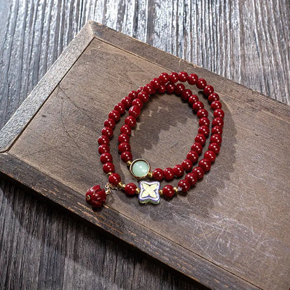Double Circle Cinnabar-Style Bracelet with Pixiu & Gourd Pendant