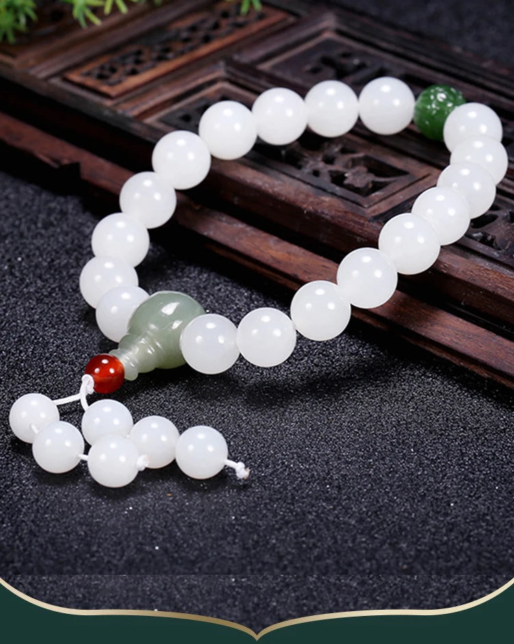 Hetian White Jade Flower Pendant Bracelet｜10mm Natural Bead Set