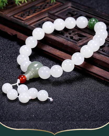 Hetian White Jade Flower Pendant Bracelet｜10mm Natural Bead Set