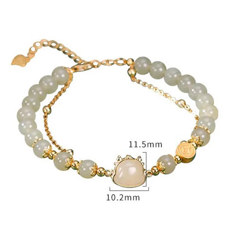 Hotan Jade Double-Layered Bracelet – Vintage Leaf Charm