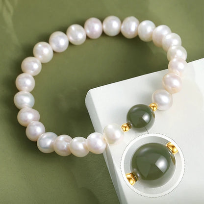 Dainty Green Jade & Freshwater Pearl Beaded Bracelet — Lucky Women's Jewelry