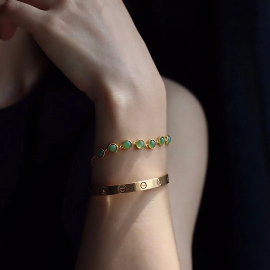 Retro Jade-Green Geometric Zircon Bracelet – Vintage Charm