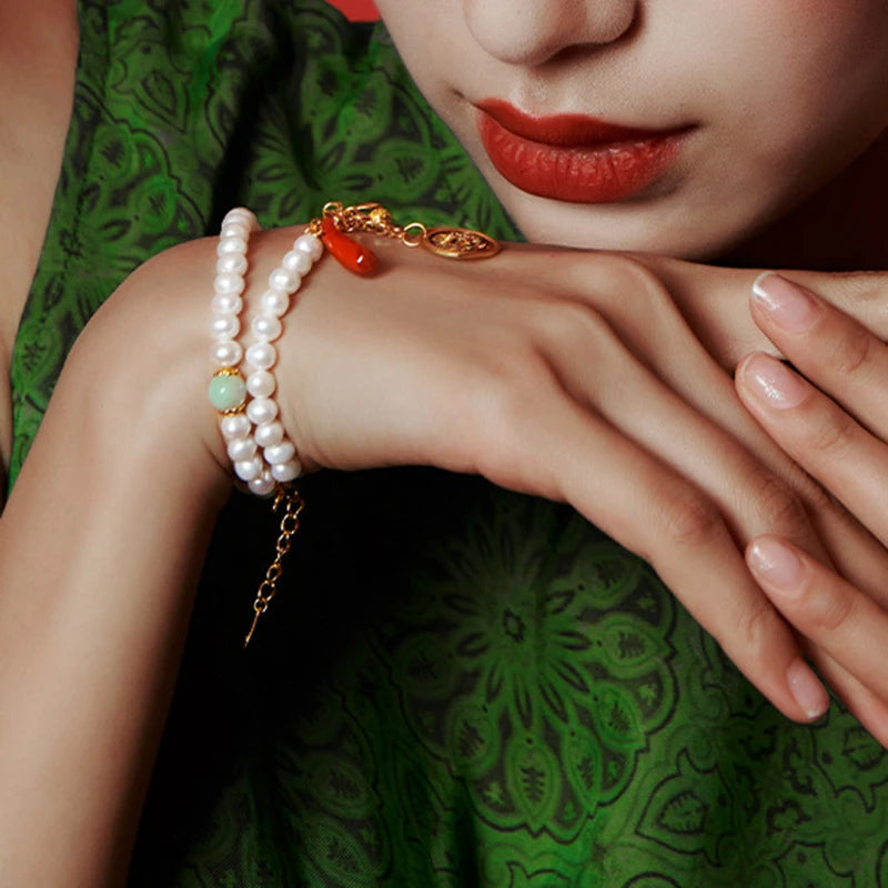 925 Sterling Silver Double Freshwater Pearl Chain Bracelet for Wedding