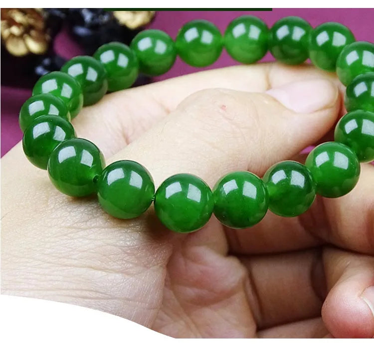 Natural Green Jadeite Round Bead Bracelet with Hand Charm ｜ Adjustable Unisex Lucky Bangle