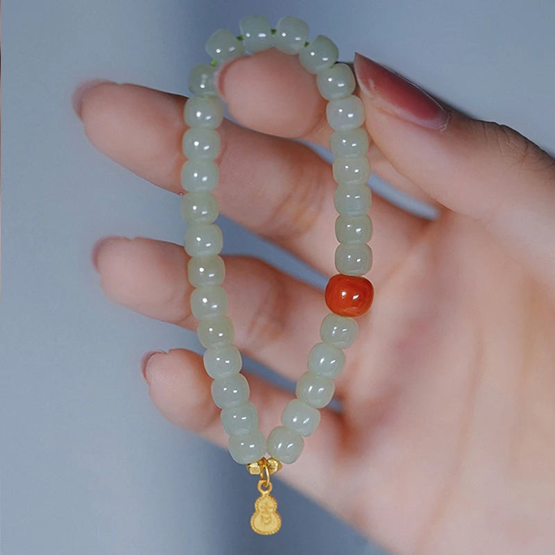 Hetian Jade & Red Bead Handstring Bracelet for Women