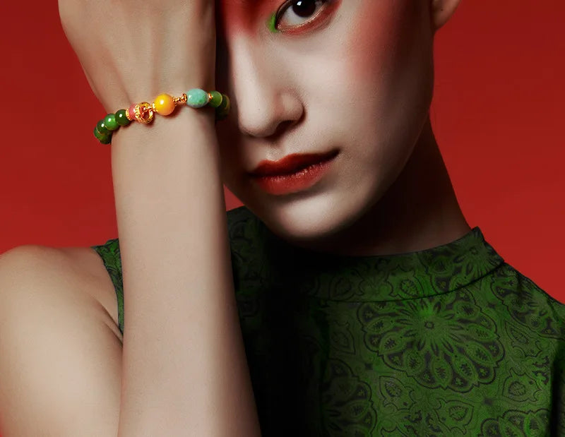 Hetian Jasper & Wax Amber Hand Chain｜Tibetan Silver Rope