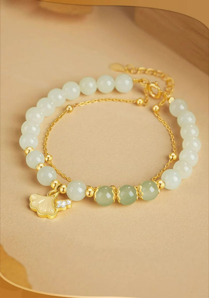 Hotan Jade Ginkgo Double‑Layer Pearl Bracelet — High‑End Gift