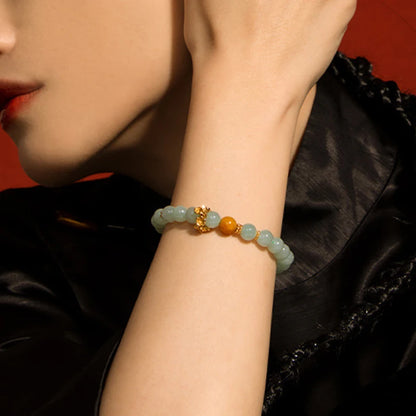 Natural Myanmar & Hotan Yellow Jade Bead Bracelet｜Plum Blossom Charm for Protection