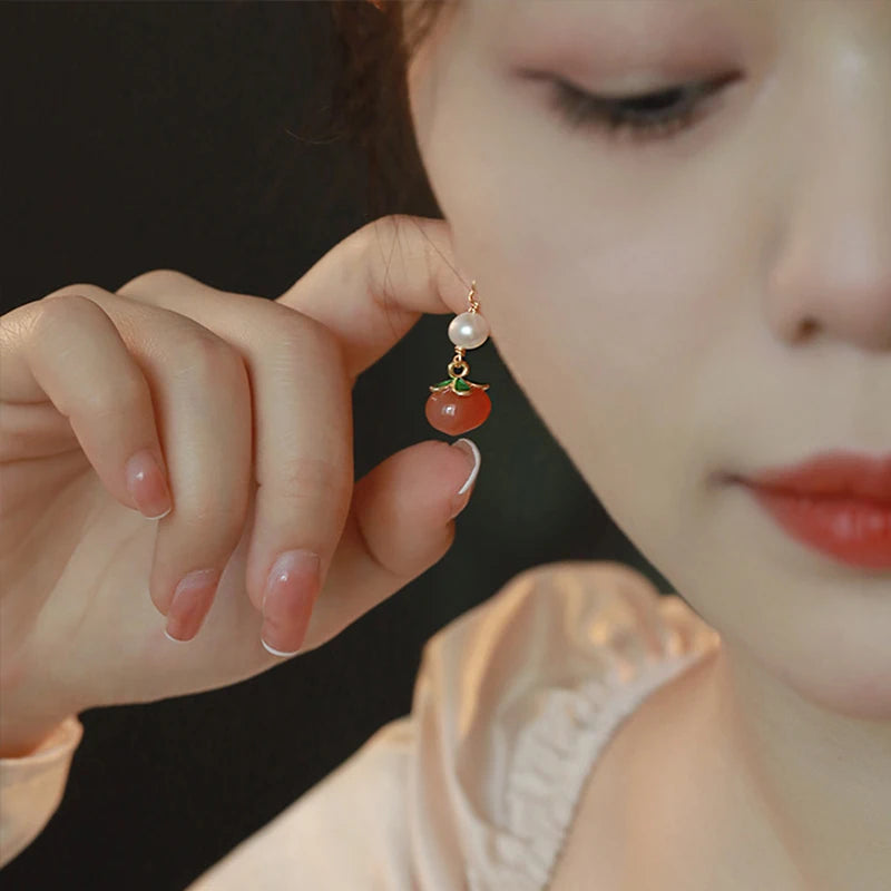 Red Agate Peach Jade Hook Earrings - Vintage Pearl Gift
