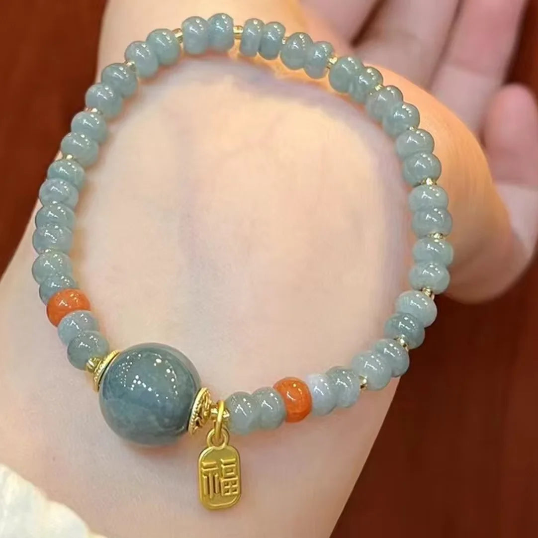 Blue Water Jade Bead Bracelet — Fu Charm for Fortune