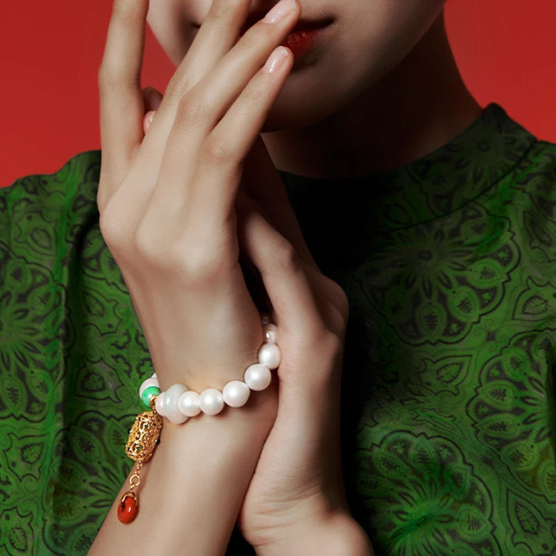 Hetian Jade & Freshwater Pearl Retractable Bracelet — Handmade Charm