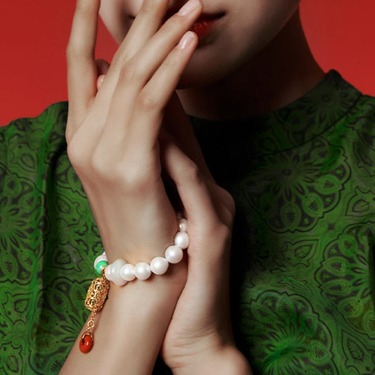 Hetian Jade & Freshwater Pearl Retractable Bracelet — Handmade Charm