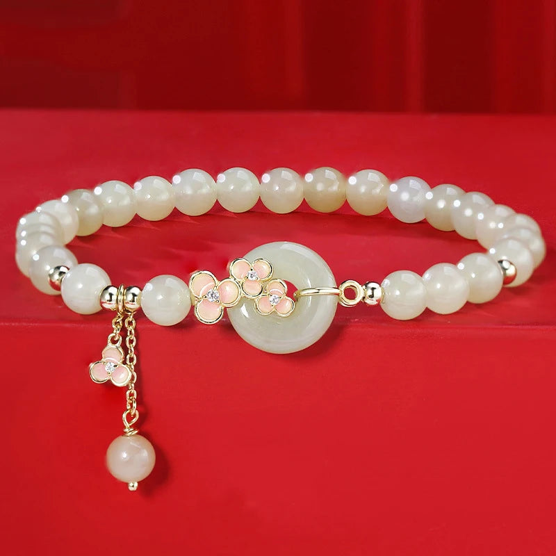 Hetian Jade Peach Blossom Bead Bracelet｜Elegant Hand-Chain Charm