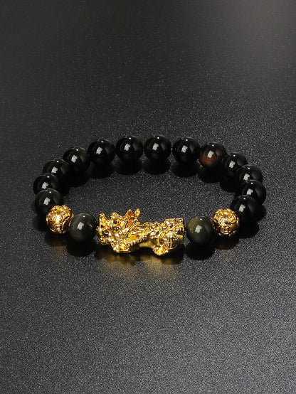 Gold Color Pi Xiu Bracelets Women Feng Shui Obsidian Wealth Pi Yao Bracelets Men 10m Dragon Mantra Bead Bangle Lucky Jewelry New