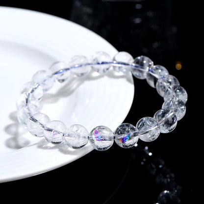 Natural Rainbow White Crystal & Jade Round Bead Bracelet — Feng Shui Charm