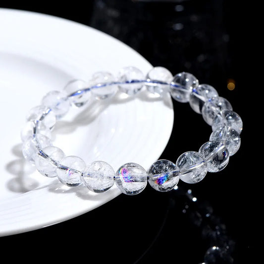 Natural Rainbow White Crystal & Jade Round Bead Bracelet — Feng Shui Charm
