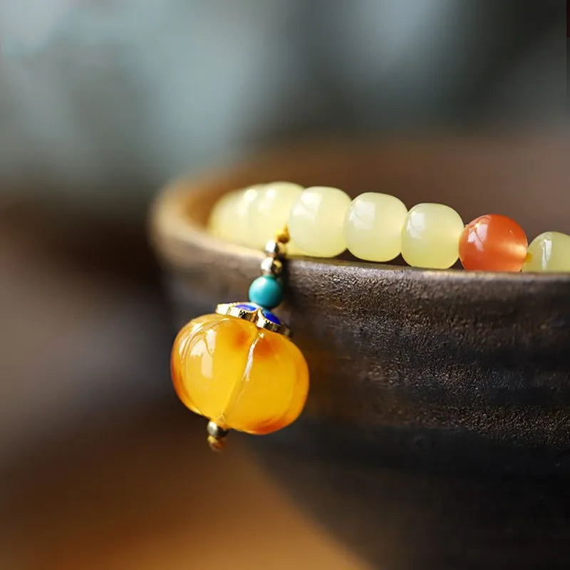 Natural Hetian Jade Beaded Bracelet | 925 Silver & Gold