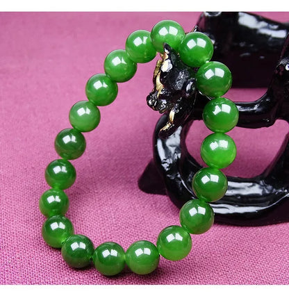 Natural Green Jadeite Round Bead Bracelet with Hand Charm ｜ Adjustable Unisex Lucky Bangle