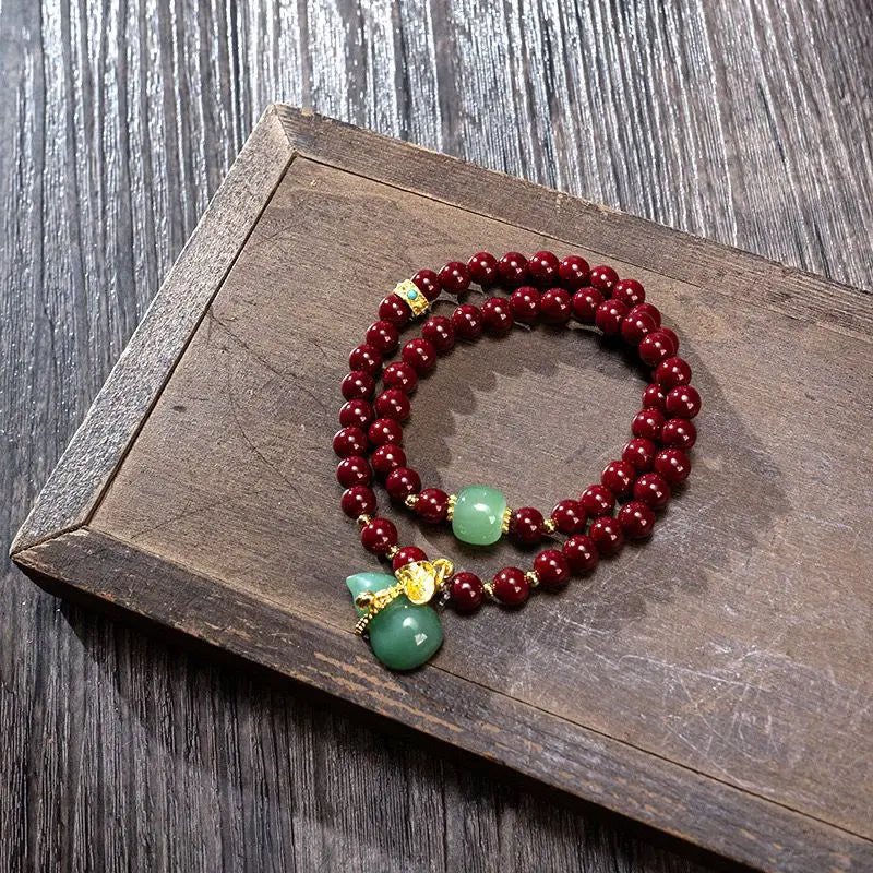 Double Circle Cinnabar-Style Bracelet with Pixiu & Gourd Pendant
