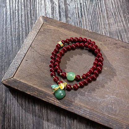 Double Circle Cinnabar-Style Bracelet with Pixiu & Gourd Pendant