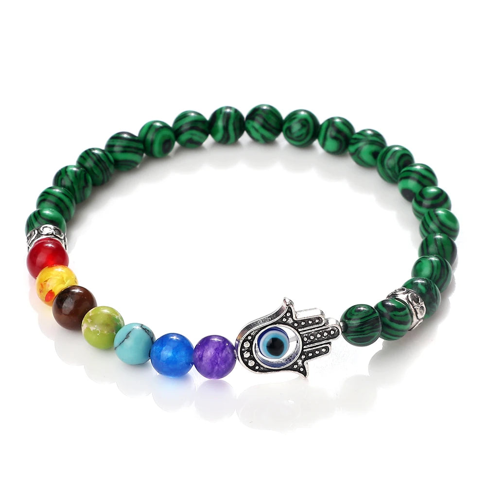 6mm天然石七脉轮弹力手链｜掌形邪眼护符 男女通用