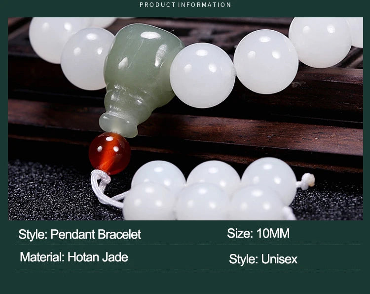 Hetian White Jade Flower Pendant Bracelet｜10mm Natural Bead Set