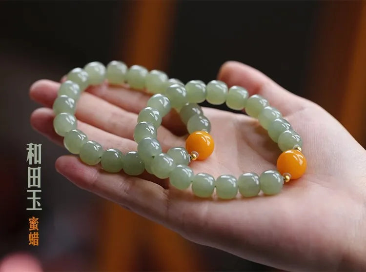 Natural Hetian Jade Green Bead Bracelet — Handmade Lucky Strand